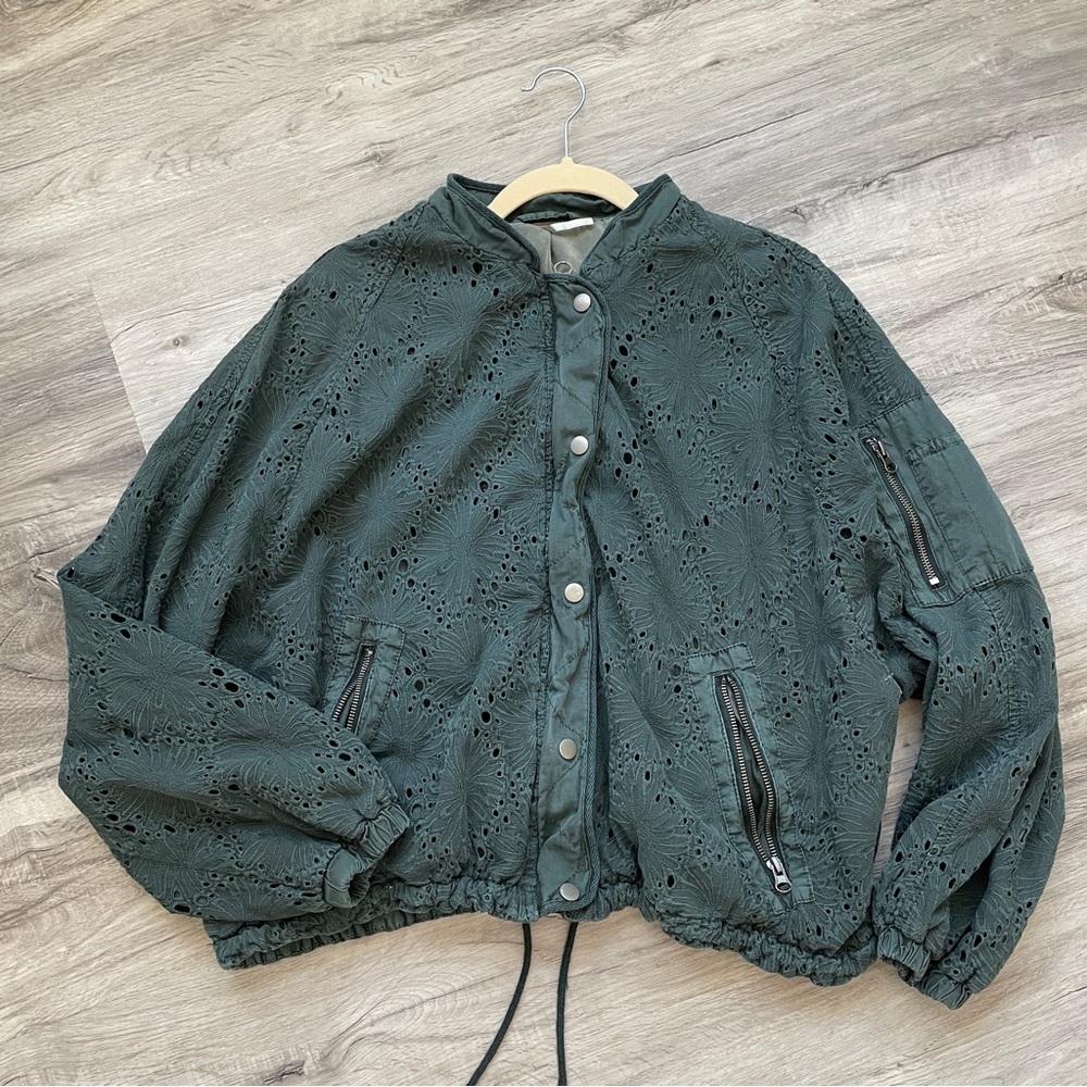 Free People Dark Green Lace Bomber Jacket